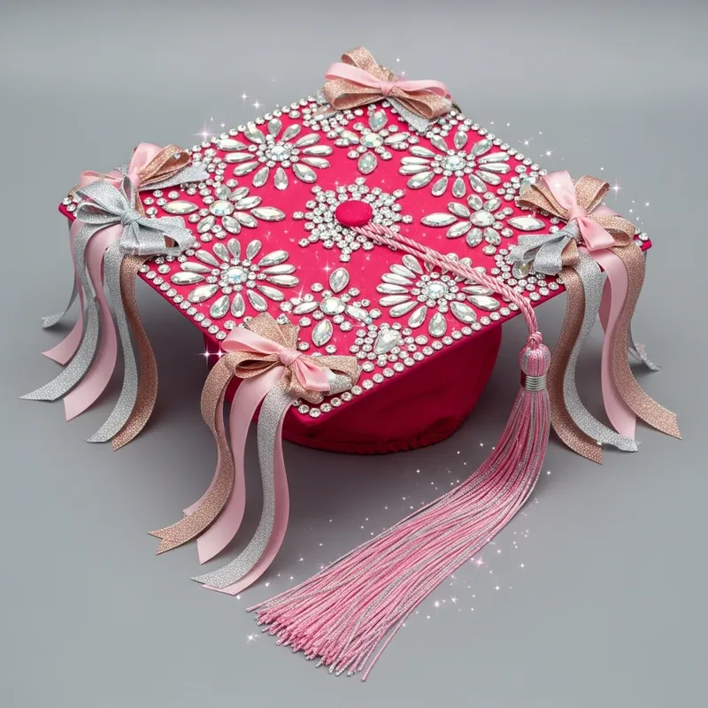 Bright Pink Princess Graduation Cap Decorated with Sparkling Rhinestones