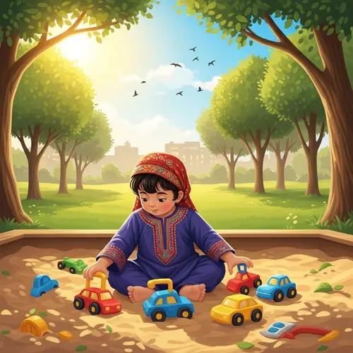 Colorful Middle-Eastern Child Playing with Toy Cars in Sunny Park