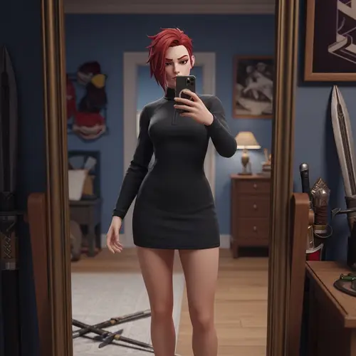 Warrior Character in Black Dress Taking Selfie - Online Battle Arena Game