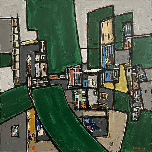 Textured Abstract Mixed Media Artwork in Dark Green