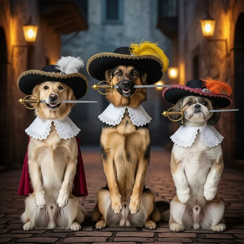 Three Dog Musketeers: Canine Renaissance Trio in 17th Century Attire Three Dog Musketeers: Canine Renaissance Trio in 17th Century Attire