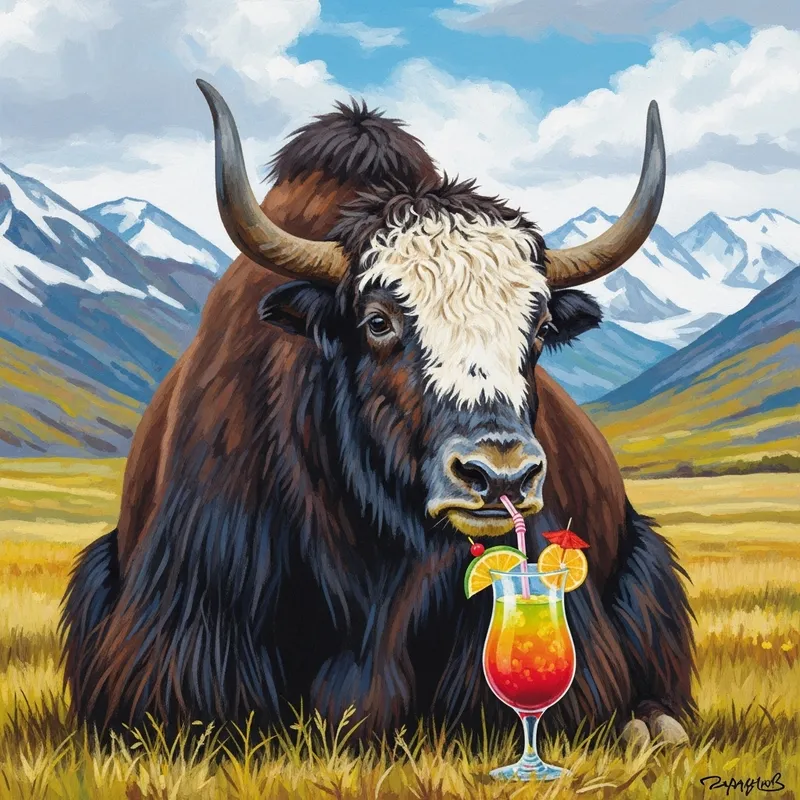 Majestic Yak Sipping Tropical Cocktail - Nature-Inspired Photography