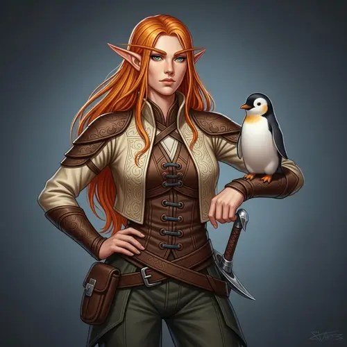 Serious Elf Woman with Orange Hair and Penguin