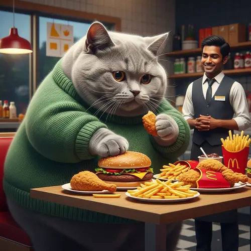 Chubby Grey British Kitten in Green Sweater Eating Fast Food