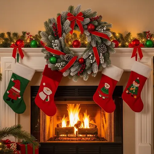 Cozy Christmas Fireplace with Vibrant Stockings and Wreath