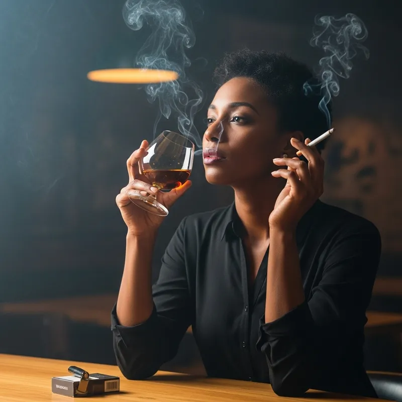 Stylish Black Woman Savoring Brandy and Cigarette in Bar Setting Stylish Black Woman Savoring Brandy and Cigarette in Bar Setting