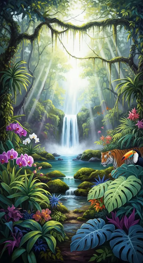 Ethereal Jungle Paradise - Dreamy Impressionism with Vibrant Flora & Fauna