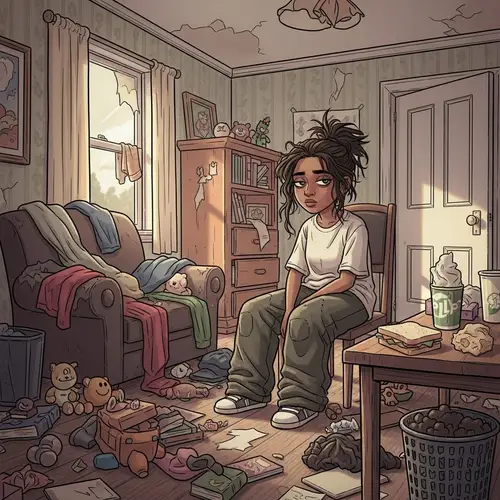 Cartoon of a Messy Room with a Lazy Teen Girl