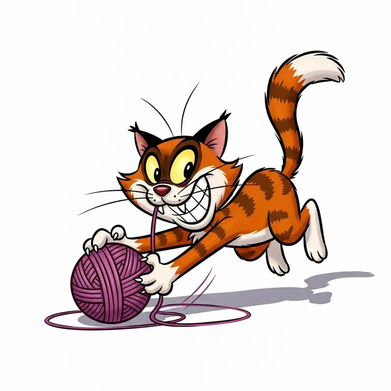 Whimsical Mischievous Cat and Yarn Cartoon by Chuck Jones Style