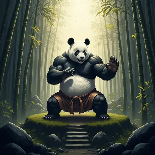 Muscular Panda Practicing Martial Arts in Dramatic Bamboo Forest