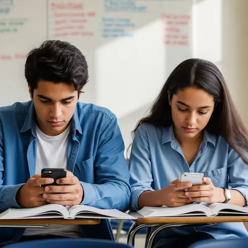 High School Students Secretly Viewing Mobile Phone in Classroom