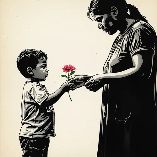 Poignant Street Art: Child Offering Blossom to Mother