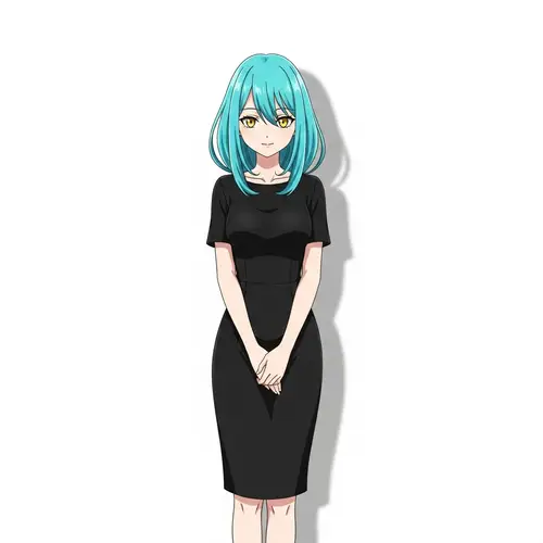 Vibrant Cyan Hair & Yellow Eyes | Elegant Black Dress