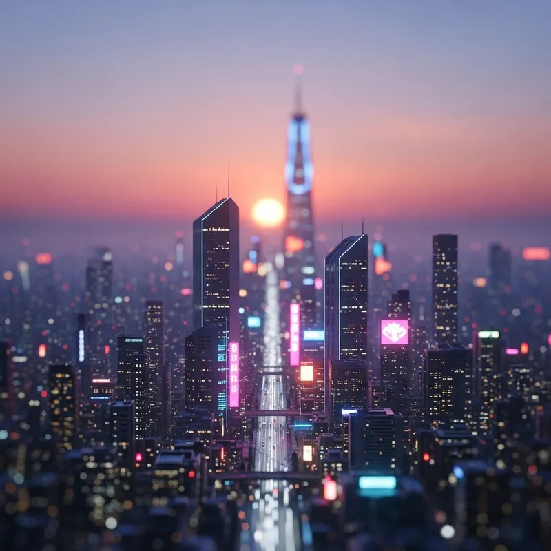Neon Skyline: Futuristic Miniature Cityscape in Pastel Colors Neon Skyline: Futuristic Miniature Cityscape in Pastel Colors