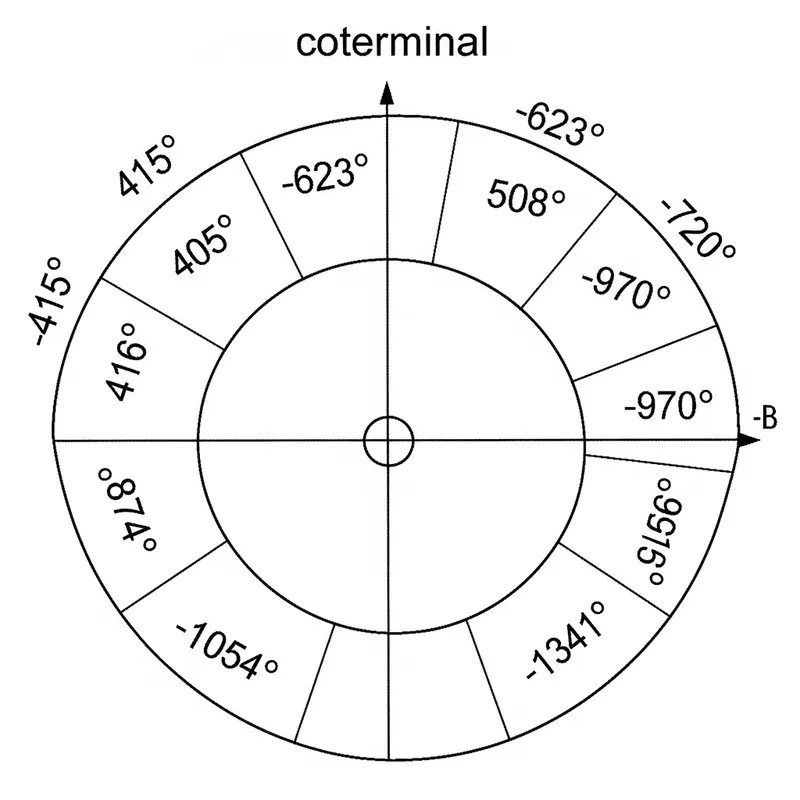 Coterminal Angles Visualization: Degrees 415, -623, 508, -720, 816, -970, 1054, -1341