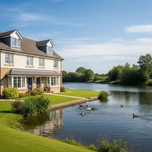 Serene Lakefront Two-Story Terrace House with Traditional Architectural Style