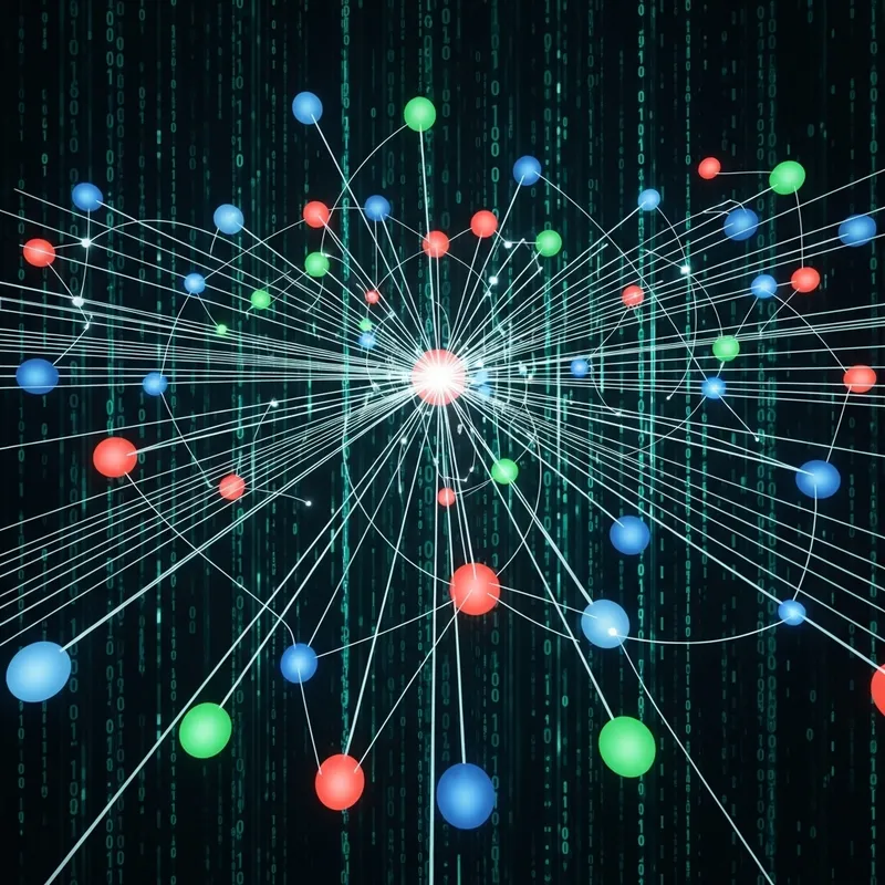 Intricate Networking Visualization: Glowing Spheres & Digital Threads