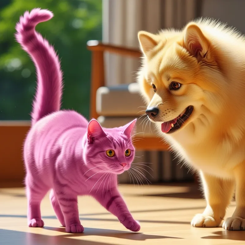 Pink Cat and Yellow Dog: A Playful Scene Pink Cat and Yellow Dog: A Playful Scene