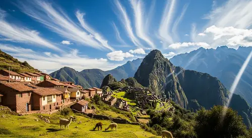 Tranquil Peruvian Landscape: Mountains, Terracotta Houses & Alpacas