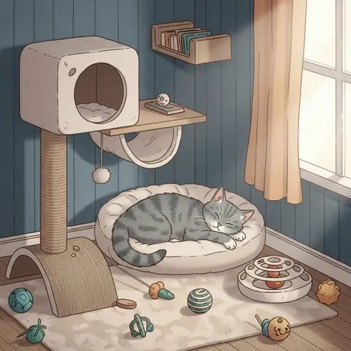 Cozy Cat Hotel: Grey Cat Sleeping in Luxury Room