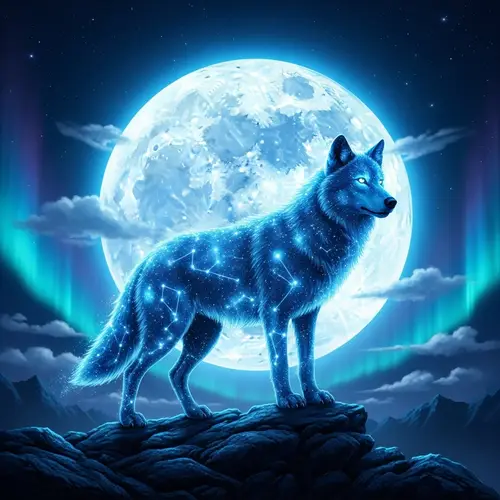 Blue Wolf Standing Against Glowing Moon | Night Sky Scene