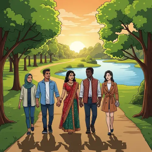 Diverse Couples Hand in Hand at Sunset in Park