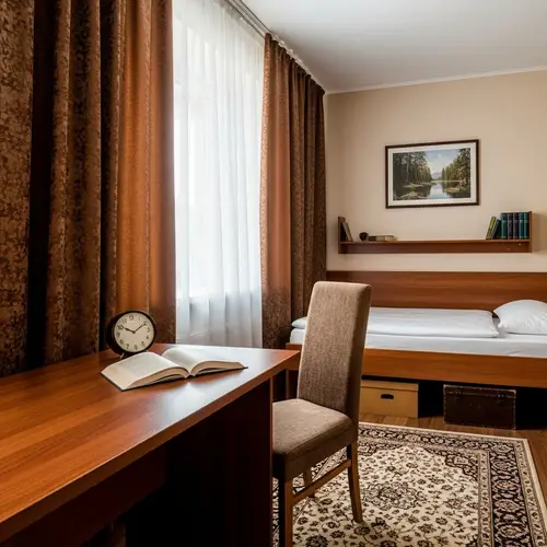 Cozy Room Décor with Table, Chair, Bed, and Shelf