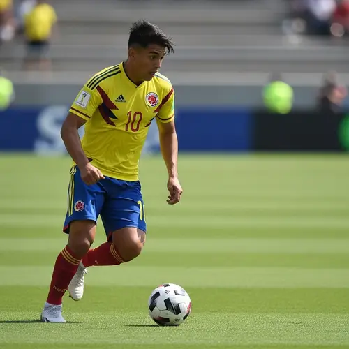 Hispanic Soccer Player in Colombian National Team Shirt Dribbling Ball