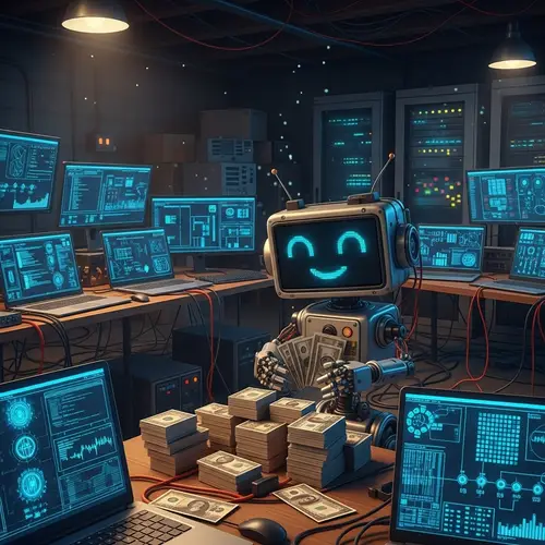 LCD Robot Counting Money in Basement | Tech-laden Scene