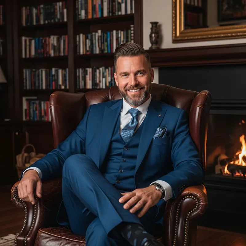 Rich Mid-40s Caucasian Man in Opulent Suit | Luxurious Home Library