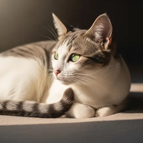Beautiful Domestic Cat with Green Eyes Relaxing in Sunlight