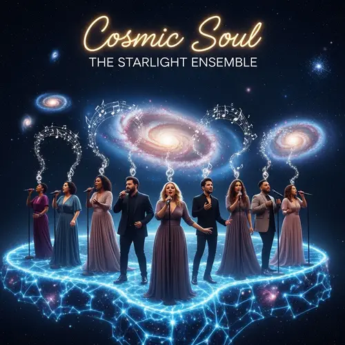 Celestial R&B Album Cover with Diverse Singers on Cosmic Stage