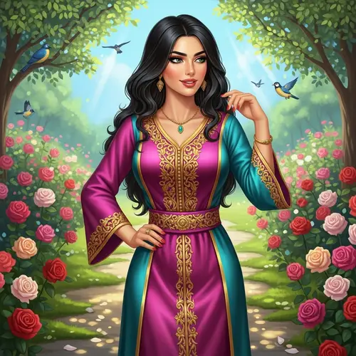 Graceful Middle-Eastern Woman in Vibrant Silk Dress