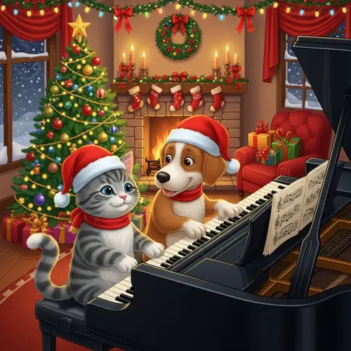 Happy Cat and Dog Playing Piano with Christmas Hats