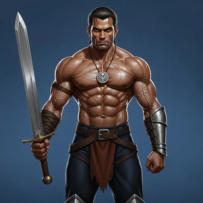 Muscular South Asian Mercenary with Broad Sword
