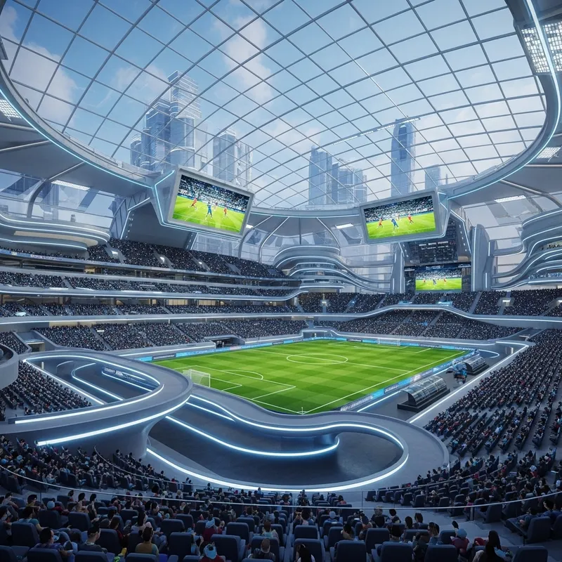 Futuristic Stadium with Glass Exteriors and Neon Lights