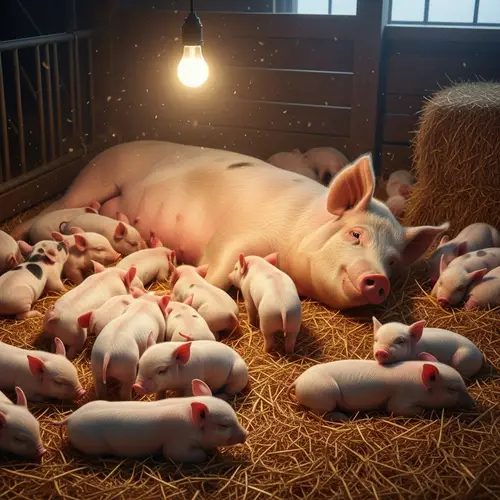 Caring Mother Pig and Her Newborn Piglets