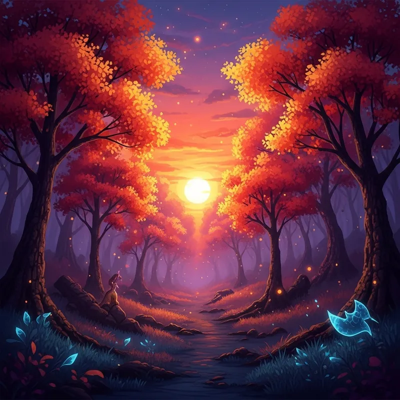 Enchanted Forest Sunset: Radiant Colors & Dreamlike Atmosphere