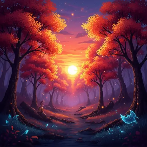 Mystical Forest Scene at Sunset: Vibrant Colors & Dreamlike Atmosphere