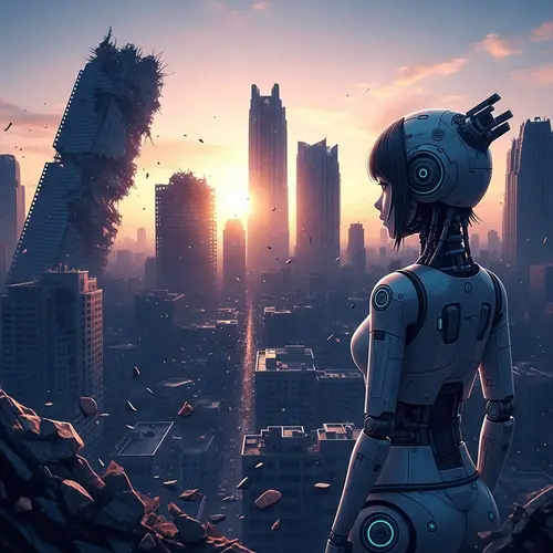 Robot Japanese Girl Observes City Collapse