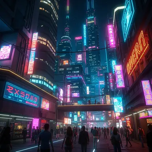 Futuristic Cityscape: Vibrant Neon Lights & Cyberpunk Aesthetics