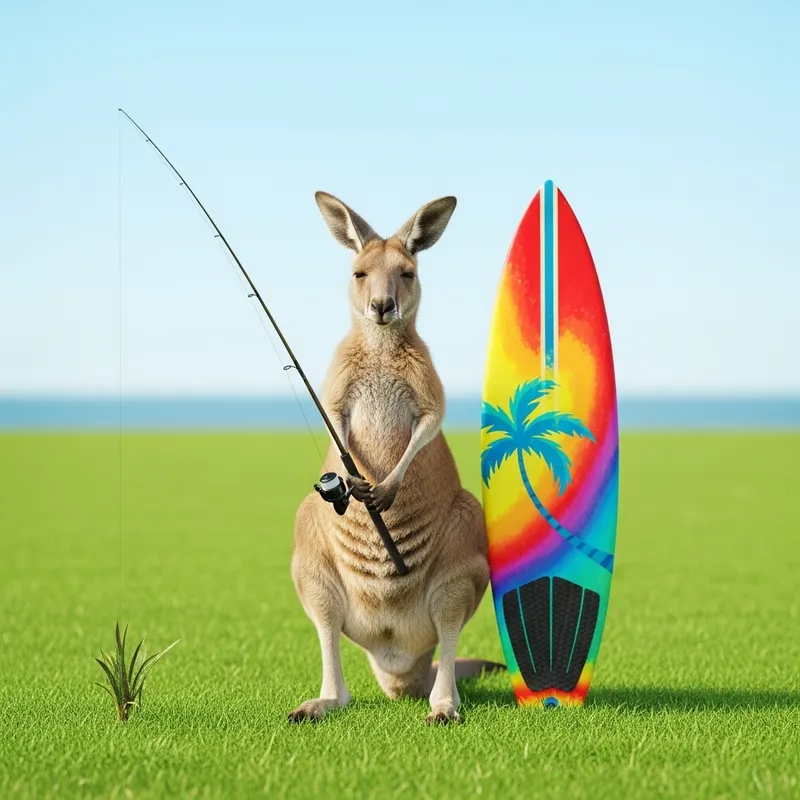 Kangaroo with Fishing Rod on Coastal Adventure