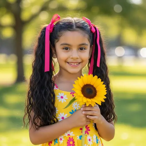 Smiling Hispanic Girl in Yellow Sundress with Sunflower