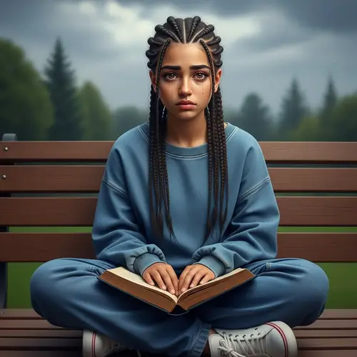 Melancholic Teenage Girl of Middle-Eastern Descent Reading Book on Park Bench