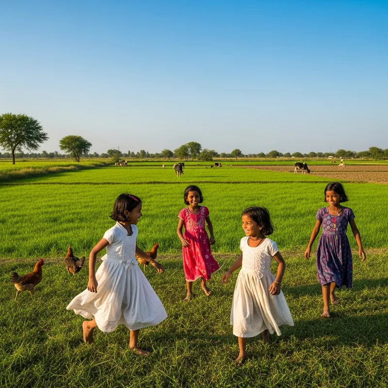 Joyful Indian Child Girls Playing in Rural Farm