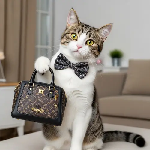 Elegant Female Cat Posing with Designer Handbag