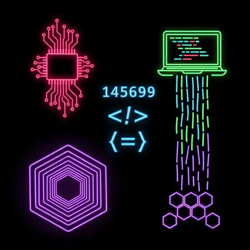 Neon Programming Designs - Vibrant Circuit Board, Coding Symbols, and Laptop Silhouette