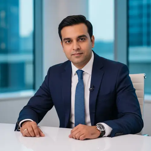 South-Asian Man Seated at Contemporary White Desk