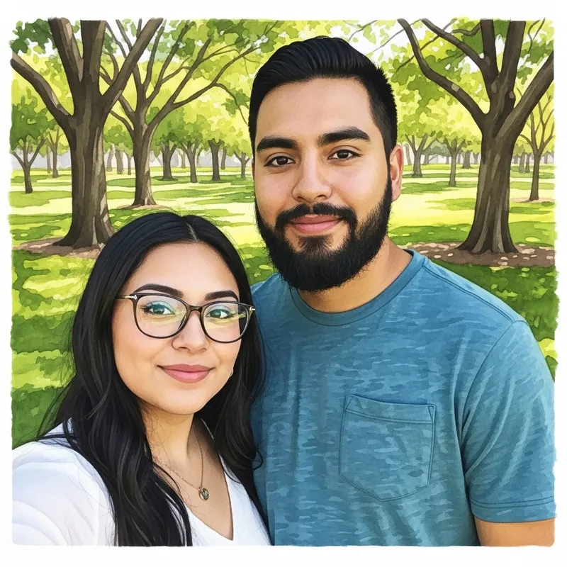 Watercolor Painting of Young Hispanic Woman and Man in Sunlit Park