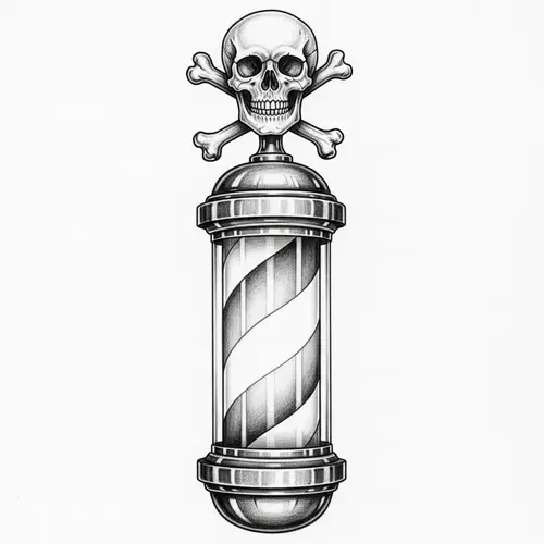 Realistic Pencil Drawing of Antique Barber Pole with Skull and Crossbones